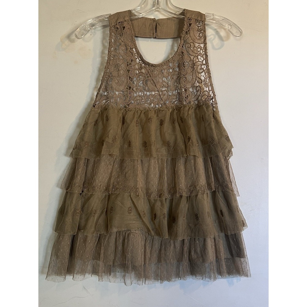 REBELLION WOMENS BLOUSE SZE LARGE TIERED TANK CROCHET RODEO KHAKI